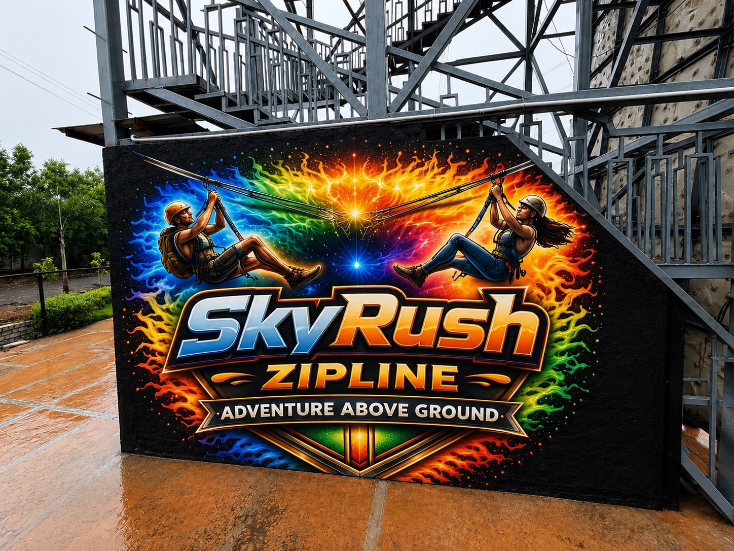 SkyRush Zipline — riders gliding along the line on the tower mural