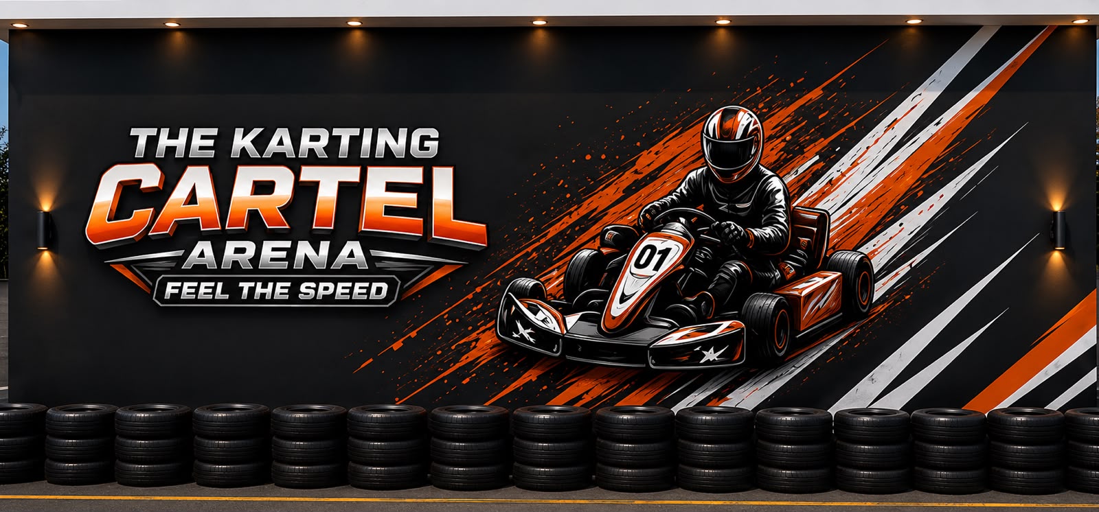The Karting Cartel wall, with a kart mid-corner