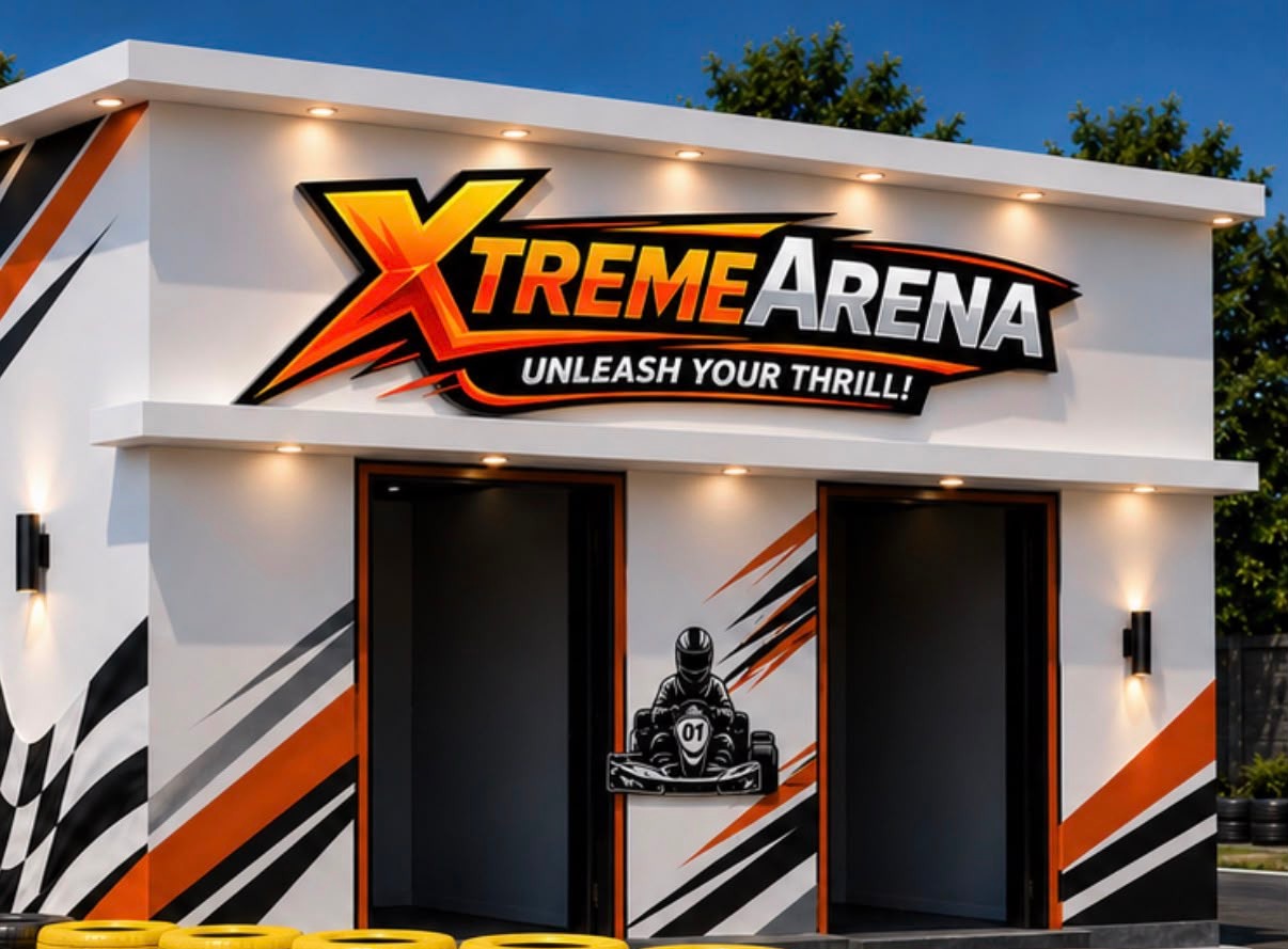 The Xtreme Arena building front, with the illuminated logo above the entrance
