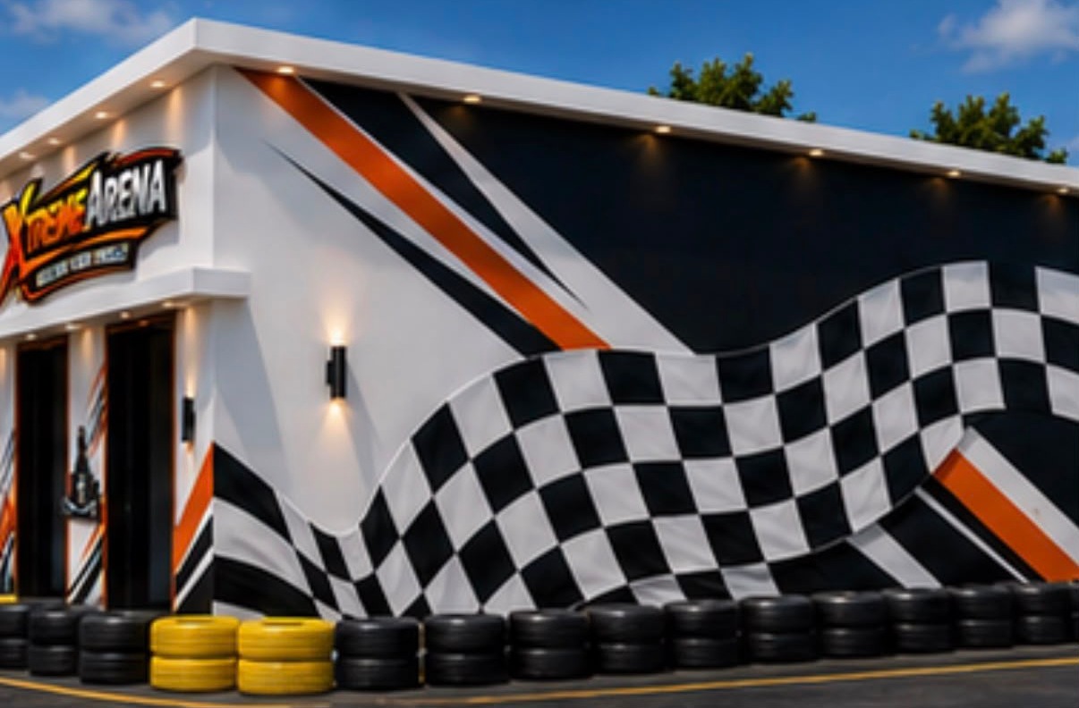 The right side of the building, lined with racing tyres
