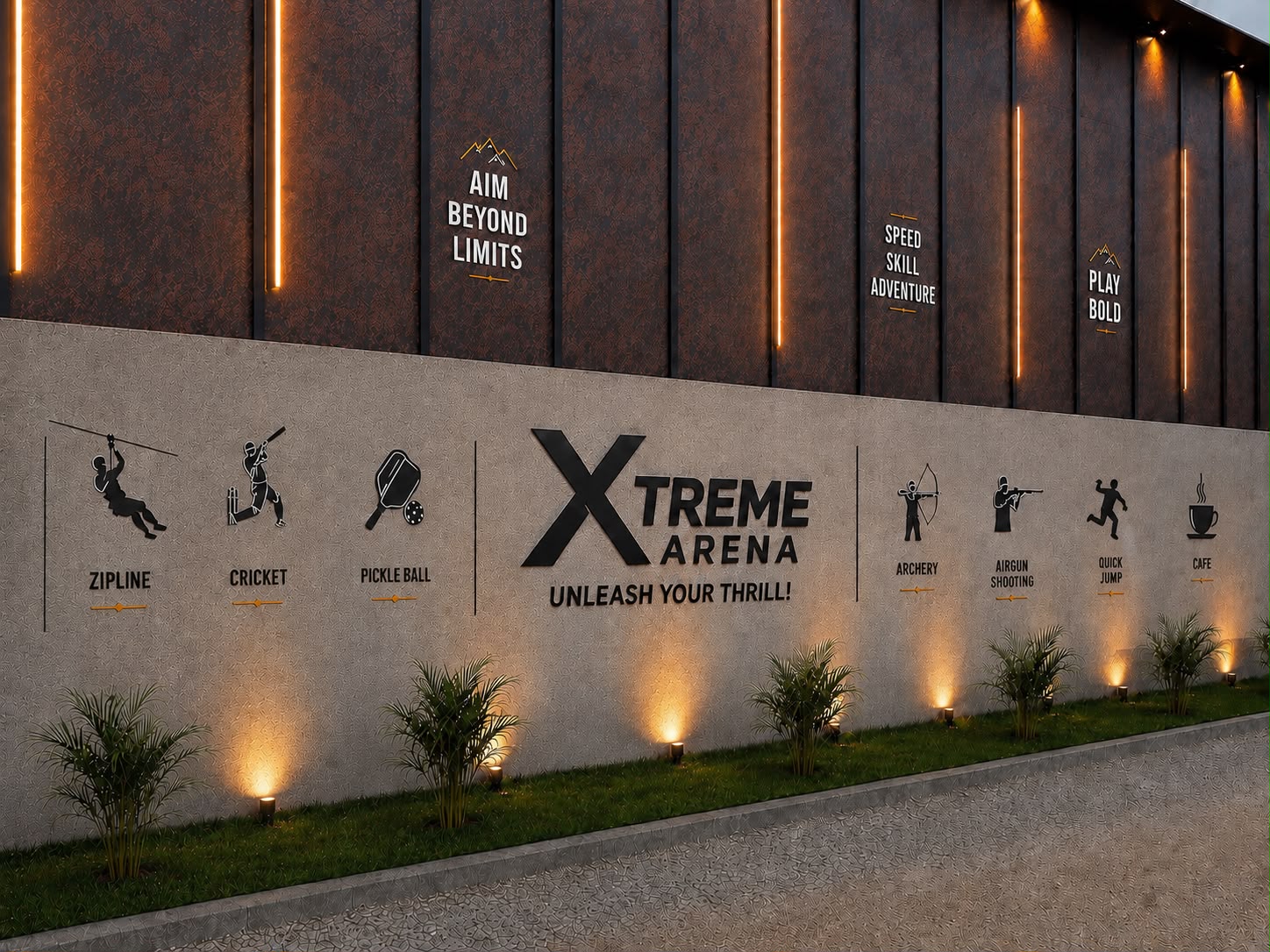 The Xtreme Arena entrance wall at dusk, showing a pictogram for each activity