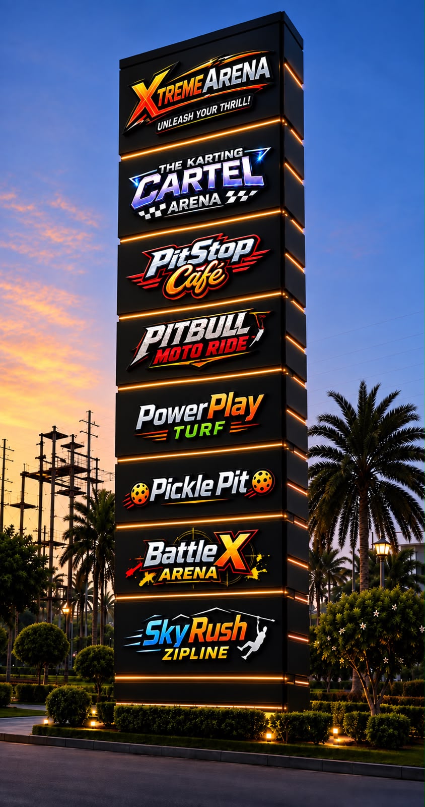 The signboard tower listing every arena at the venue