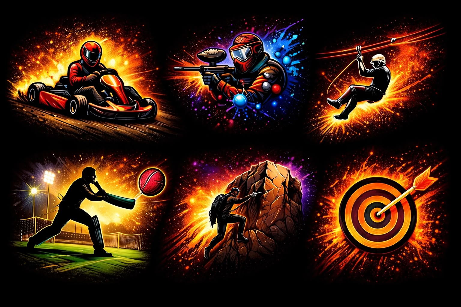Six activity panels - karting, paintball, ziplining, cricket, climbing and archery