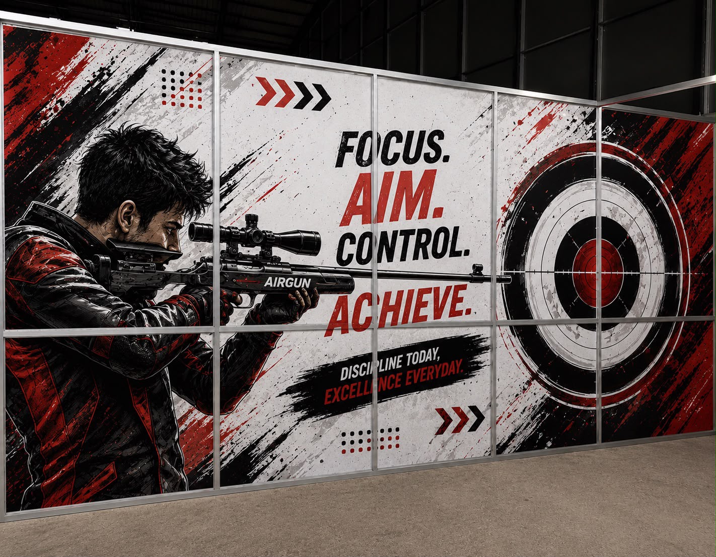 The airgun range "Focus. Aim. Control. Achieve." wall