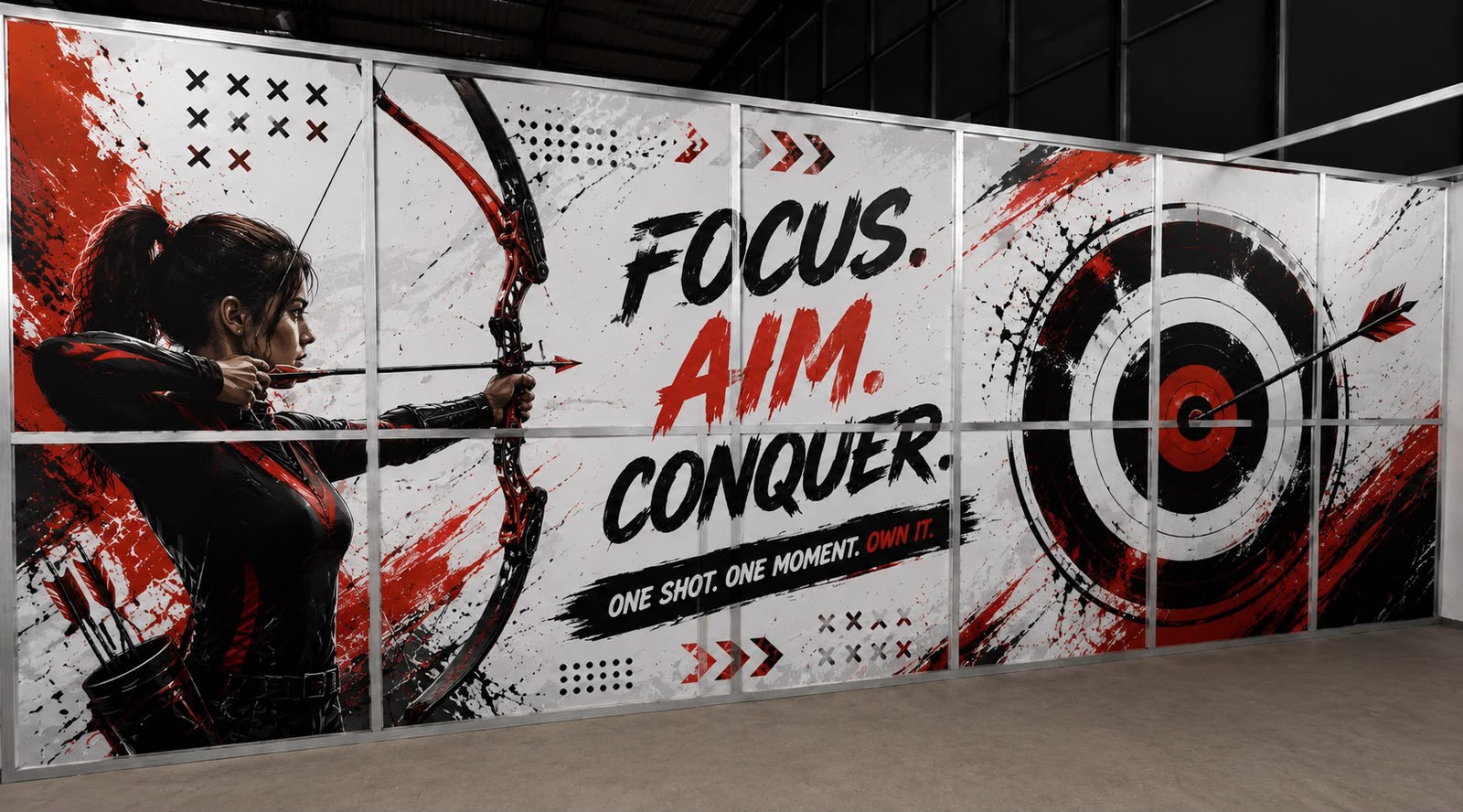 The archery "Focus. Aim. Conquer." wall