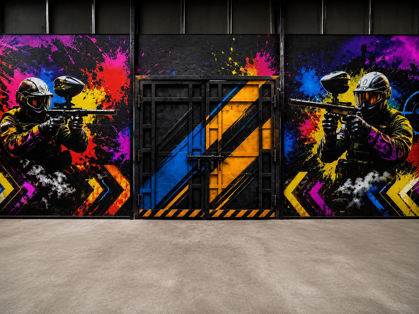 The BattleX Arena entry door, a steel gate in blue and yellow between two paintball murals