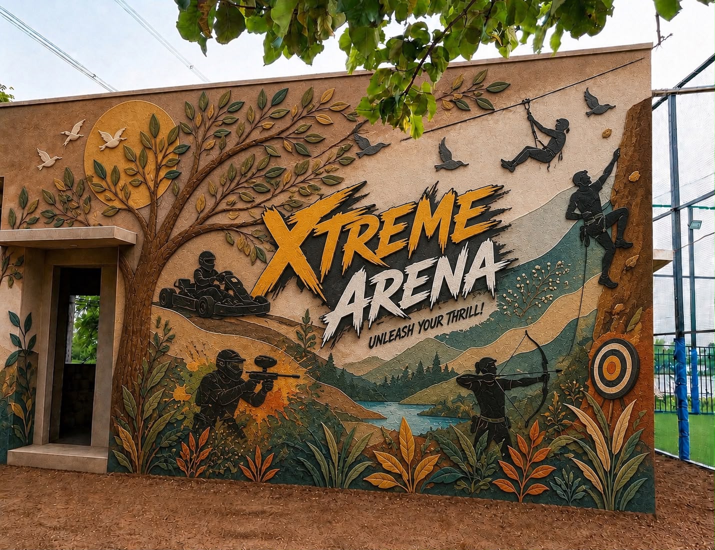 The sculpted Xtreme Arena mural on the venue wall
